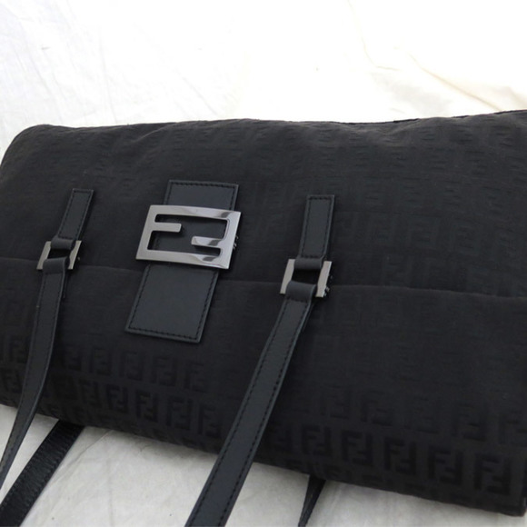 FENDI Bag Zucchino Black x Silver Hardware Canvas Leather Shoulder Handbag Ladie - Picture 2 of 5